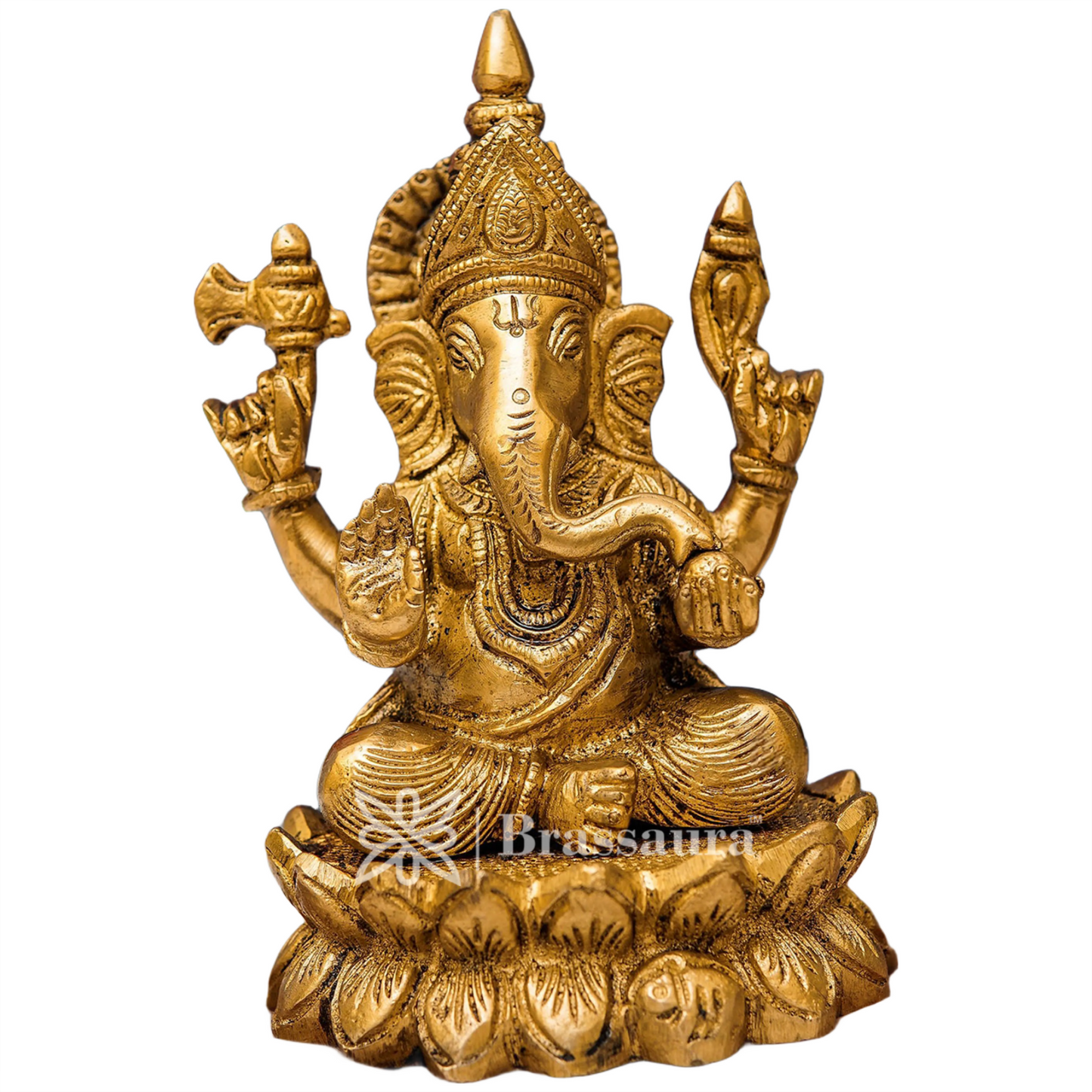Brassaura™ Brass Lotus Ganesha Idol for Home and Decor | Weight 1.4 Kgs | Height 5.8 Inches