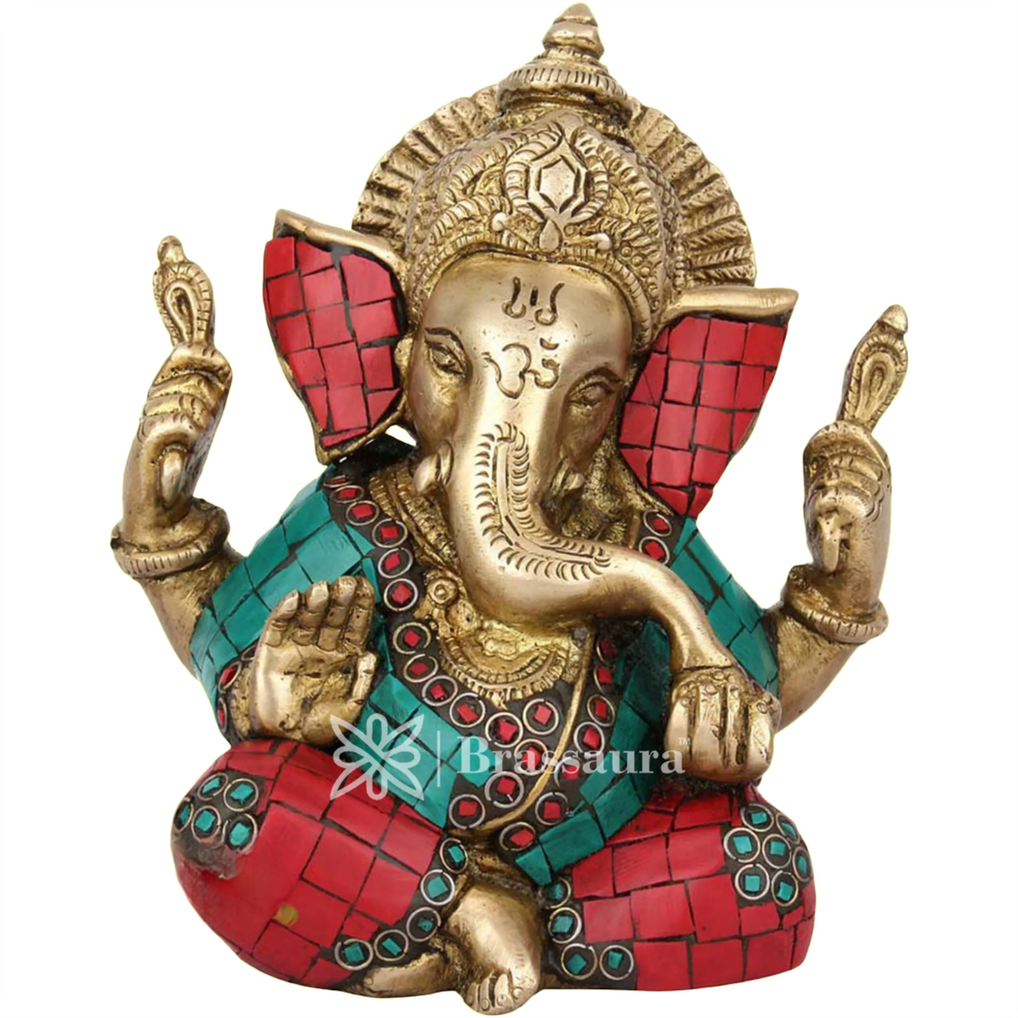 Brassaura™ Brass Gem Stone Work Ganesha Idol for Home and Decor | Weight 1.7 Kgs | Height 6 Inches