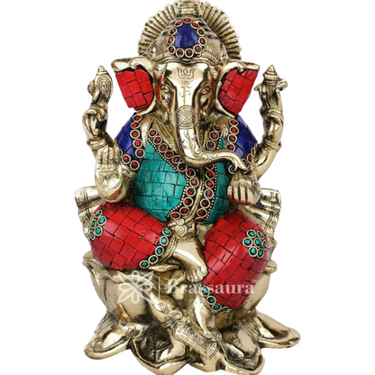 Brassaura™ Brass Gem Stone Work Lotus Ganesha Idol for Home and Decor | Weight 4.3 Kgs | Height 10 Inches