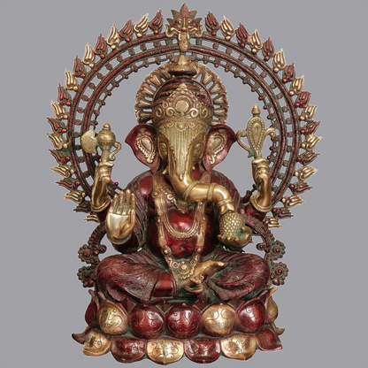 Brassaura® Large Lord Ganesha Seated on Lotus with Prabhavali & Kirtimukha | Height 25.6 Inches & Weight 34.98 kgs