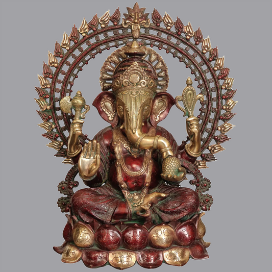 Brassaura® Large Lord Ganesha Seated on Lotus with Prabhavali & Kirtimukha | Height 25.6 Inches & Weight 34.98 kgs