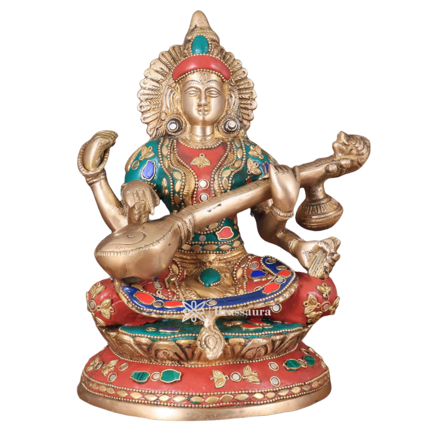 Brass Gem Stone Work Saraswati for Home and Decor Height 9 Inches & Weight 4.5 Kgs