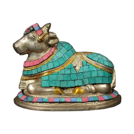 Brassaura™ Brass Nandi Statue with Inlay Work | Height 6 Inches & Weight 2.05 kg