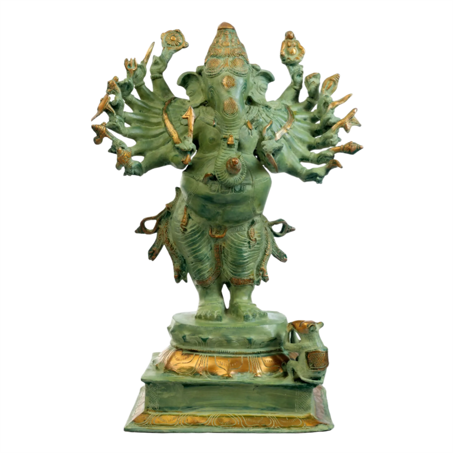 Brassaura™ Sixteen-Armed Veera Ganesha | Pure Brass with Antique Green Patina | Height 23 Inches & Weight 18 kgs