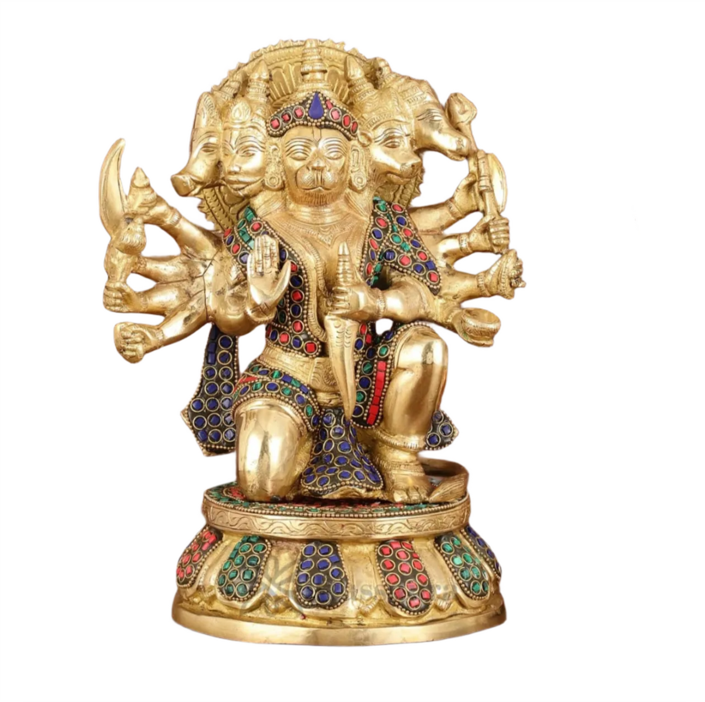 Brassaura™ Brass Superfine Panchmukhi Hanuman Idol – Height 10 Inches & Weight 7 Kgs | Stonework