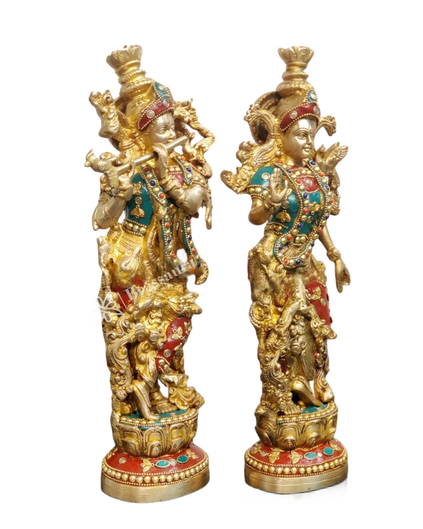 Brassaura™ Finely Carved Radha Krishna Statues – 14 Inch Height, 8.5 Kg Pair | Natural Stone & Pure Brass Ring Detailing