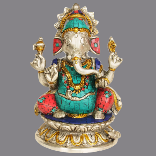 Brassaura™ Lord Ganesha Seated on Lotus Pedestal | Brass Statue with Intricate Inlay Work | Height 9 Inches
