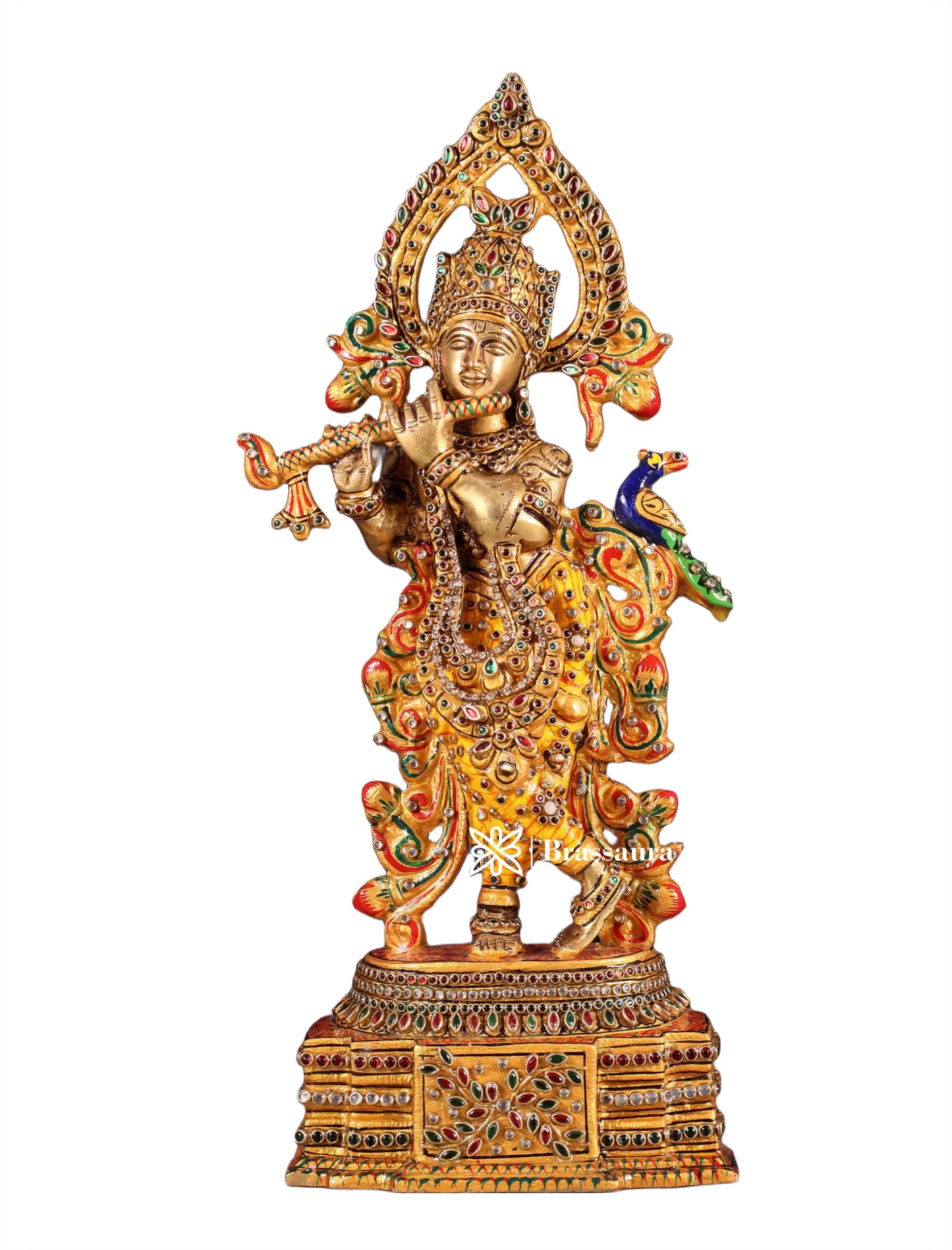 BrassAura™ Pure Brass Lord Krishna Statue – Laakh Meenakari Work | Height 13.5 Inch | Weight 3.3 Kg