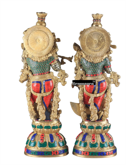 Brassaura™ Pure Brass Radha Krishna Statue with Rings & Natural Stones – Height 21 Inches & Weight 18 Kgs | Devotional Idol