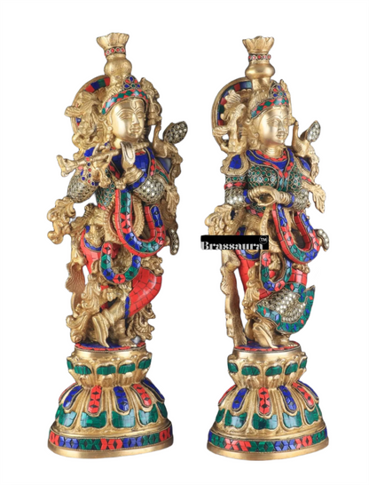 Brassaura™ Pure Brass Radha Krishna Statue with Rings & Natural Stones – Height 21 Inches & Weight 18 Kgs | Devotional Idol