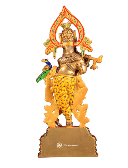 BrassAura™ Pure Brass Lord Krishna Statue – Laakh Meenakari Work | Height 13.5 Inch | Weight 3.3 Kg