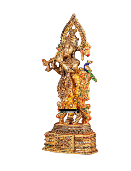 BrassAura™ Pure Brass Lord Krishna Statue – Laakh Meenakari Work | Height 13.5 Inch | Weight 3.3 Kg