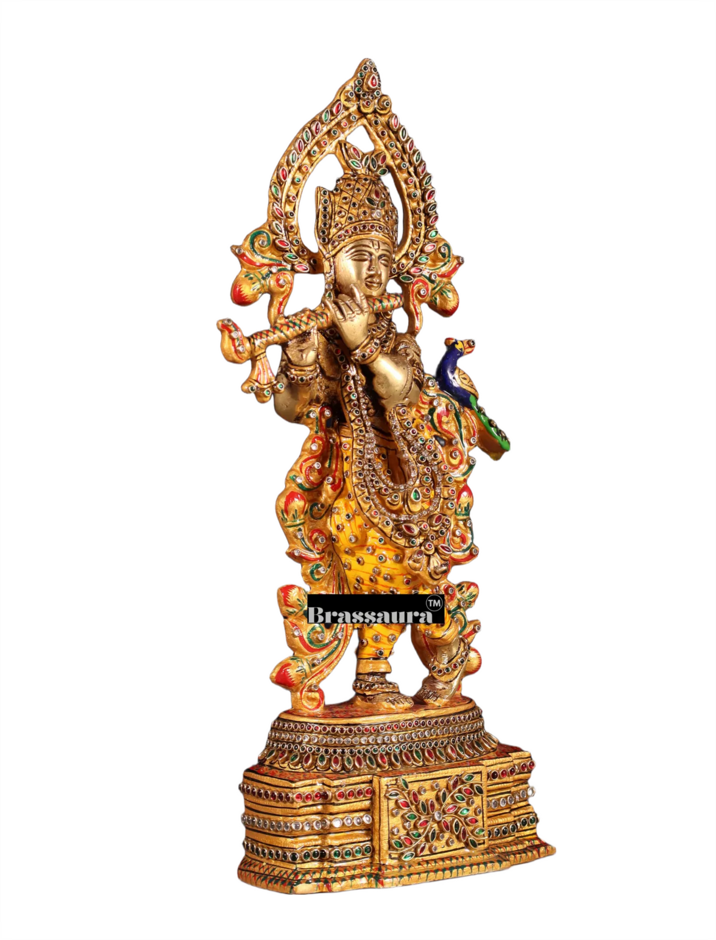 BrassAura™ Pure Brass Lord Krishna Statue – Laakh Meenakari Work | Height 13.5 Inch | Weight 3.3 Kg