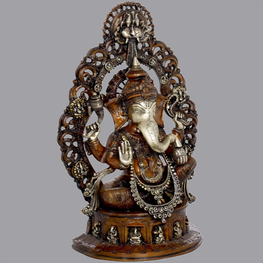 Brassaura® Majestic Ganesha Seated on Musical Base with Kirtimukha Aureole | Height 25 Inches & Weight 25 kgs