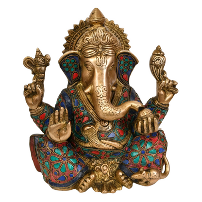 Brassaura® Lord Ganesha Seated in Easy Posture | Brass with Intricate Inlay Stonework | Height 8 Inches & Weight 4.10 kgs