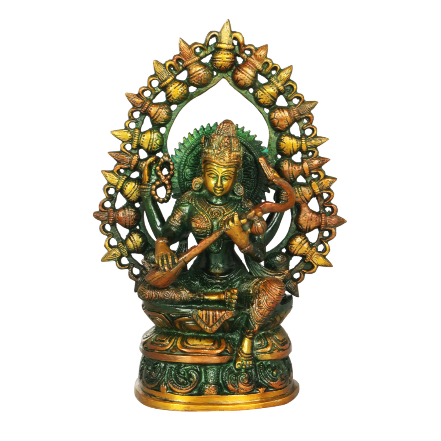 Brassaura® Seated Goddess Saraswati with Prabhavali | Brass in Copper-Gold Dual Tone Finish | Height 10.4 Inches & Weight 2.70 kgs