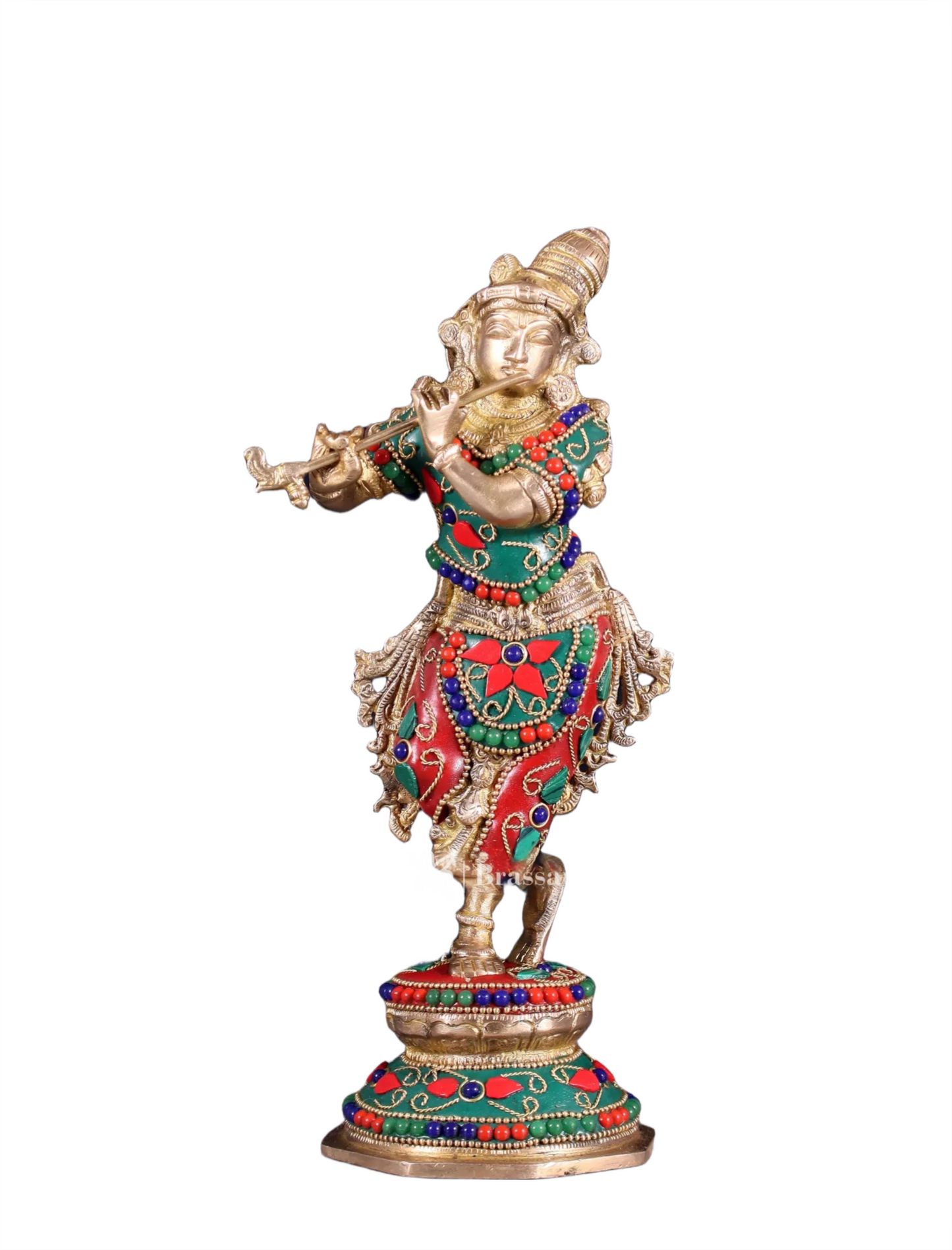 BrassAura™ Unique Brass Krishna Statue – Floral Stonework Design | Height 9.5 Inch | Weight 2 Kg