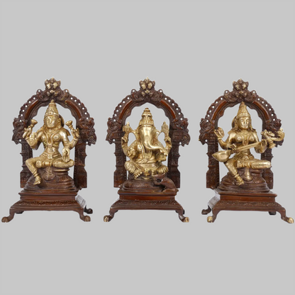 Brassaura™ Lakshmi Ganesha Saraswati on Ornate Wooden Arch | Height 8 Inches & Weight 5.25 kgs