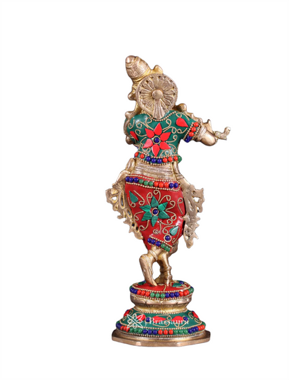 BrassAura™ Unique Brass Krishna Statue – Floral Stonework Design | Height 9.5 Inch | Weight 2 Kg