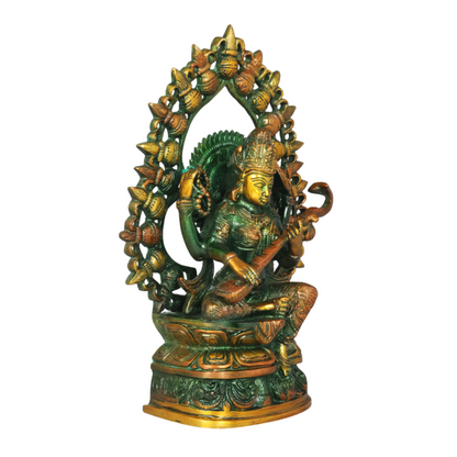 Brassaura® Seated Goddess Saraswati with Prabhavali | Brass in Copper-Gold Dual Tone Finish | Height 10.4 Inches & Weight 2.70 kgs