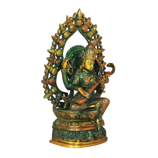 Brassaura® Seated Goddess Saraswati with Prabhavali | Brass in Copper-Gold Dual Tone Finish | Height 10.4 Inches & Weight 2.70 kgs