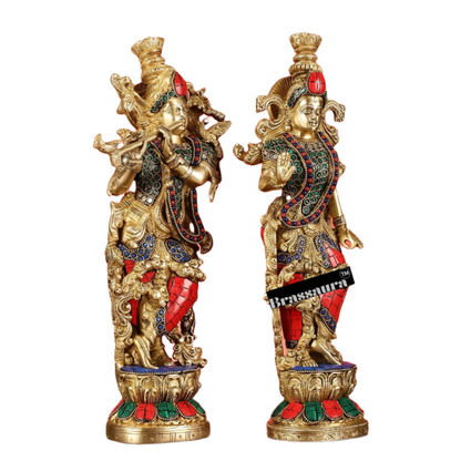 Brassaura™ Handcrafted Brass Radha Krishna Statue with Natural Stones – Height 14 Inches & Weight 8.5 Kgs | Elegant Devotional Idol