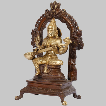 Brassaura™ Lakshmi Ganesha Saraswati on Ornate Wooden Arch | Height 8 Inches & Weight 5.25 kgs