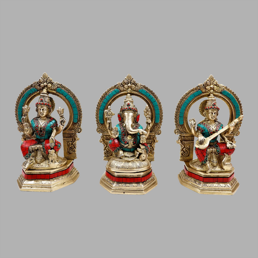 Brassaura™ Brass Ganesha Laxmi Saraswati (GLS) Set | Pure Brass with Meenakari Inlay Work | Height 10 Inches & Weight 9.48 Kgs