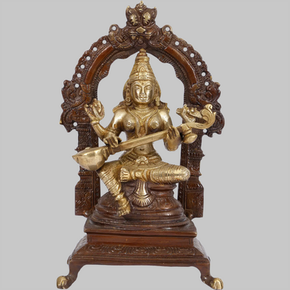 Brassaura™ Lakshmi Ganesha Saraswati on Ornate Wooden Arch | Height 8 Inches & Weight 5.25 kgs