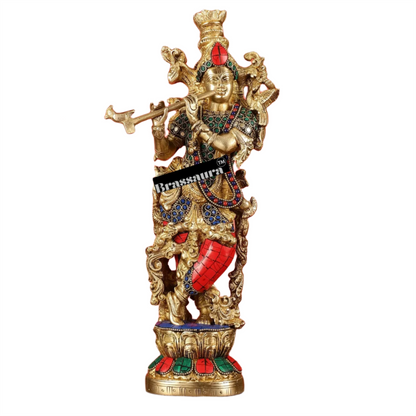 Brassaura™ Handcrafted Brass Radha Krishna Statue with Natural Stones – Height 14 Inches & Weight 8.5 Kgs | Elegant Devotional Idol
