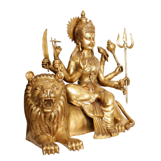 Brassaura® Maa Durga Seated on Lion | Pure Brass Sculpture | Height 33 Inches & Weight 67 kgs