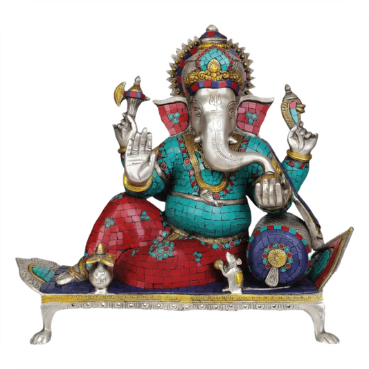 Brassaura® Seated Lord Ganesha with Inlay Work | Height 15.9 Inches | Weight 15.70 kgs