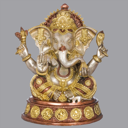 Brassaura® Ashirwad Ganesha Seated on Ashtaganesha Chowki in Brass | Height 11 Inches | Weight 6.50 kgs