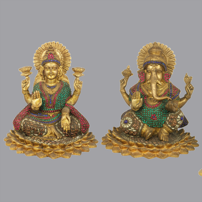Brassaura® Lakshmi Ganesha Inlay Statue Set | Height 8 Inches & Weight 7 kgs
