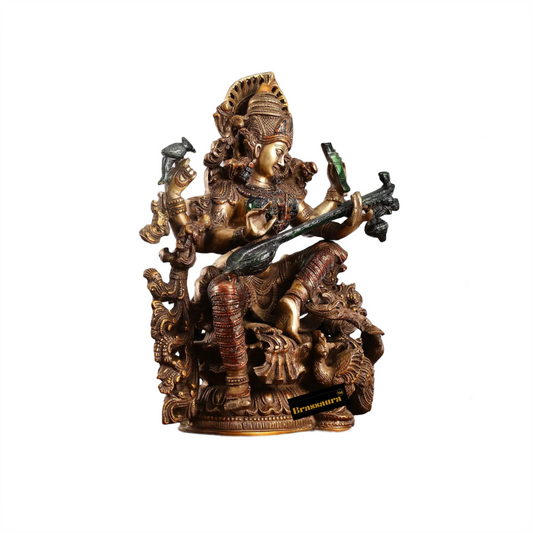 Brassaura™ Decorative Brass Saraswati Statue – Height 16 Inches & Weight 18 Kgs | Puja Room Idol