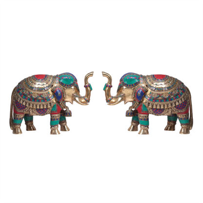 Brassaura® Pair of Decorative Elephant Brass Statues with Inlay Work | Pure Brass | Height 14 Inches & Weight 32.20 kgs