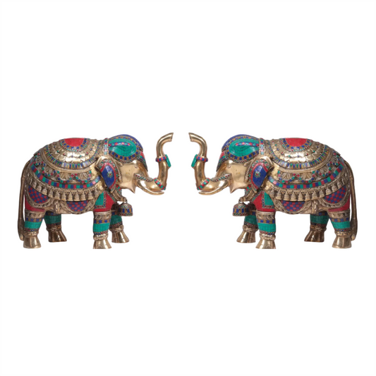 Brassaura® Pair of Decorative Elephant Brass Statues with Inlay Work | Pure Brass | Height 14 Inches & Weight 32.20 kgs