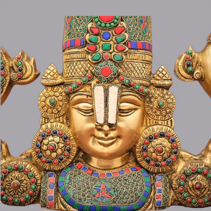 Brassaura® वॉल हैंगिंग तिरुपति बालाजी स्टोन वर्क के साथ शुद्ध पीतल में | ऊँचाई 16 इंच