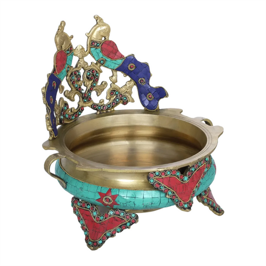 Brassaura® Peacock Brass Urli with Multicolor Inlay Work | Pure Brass | Height 10 Inches & Weight 3.60 kgs