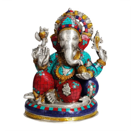 Brassaura™ Lotus Seated Ganesha with Meenakari Inlay | Brass Statue with Inlay | Height 14 Inches & Weight 11.23 kgs