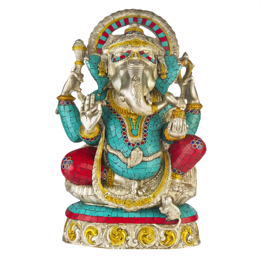 Brassaura® Lord Ganesha with Meenakari Inlay Work | Brass Statue | Height 19.09 Inches & Weight 17.25 kgs