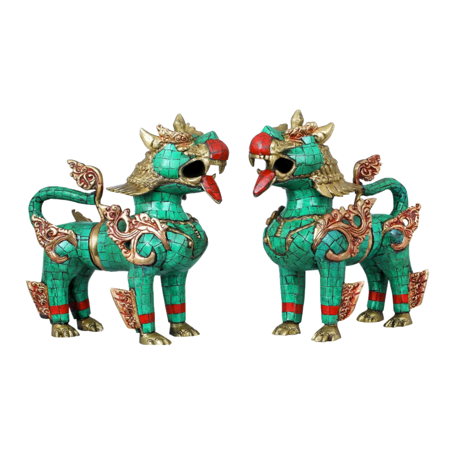Brassaura® Pair of Tibetan Guardian Lions with Inlay Work | Pure Brass | Height 9 Inches & Weight 6.70 kgs