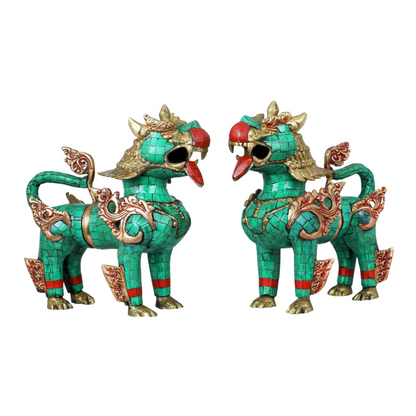 Brassaura® Pair of Tibetan Guardian Lions with Inlay Work | Pure Brass | Height 9 Inches & Weight 6.70 kgs