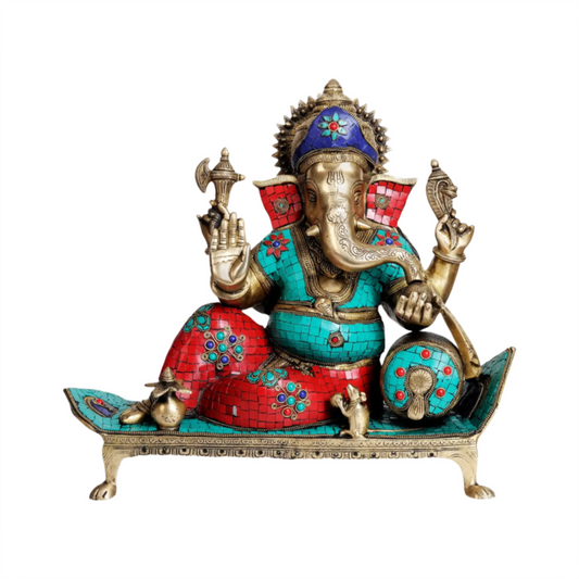Brassaura® Lord Ganesha with Intricate Meenakari Inlay Work | Brass Statue | Height 16.93 Inches & Weight 15.66 kgs
