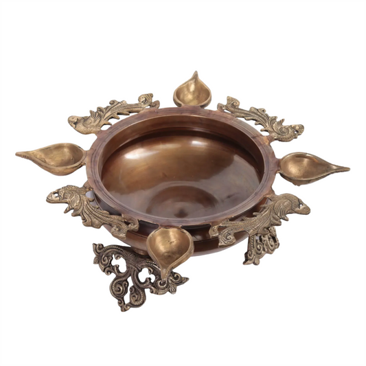 Brassaura® Brass Urli with Peacocks and Oil Lamps | Pure Brass | Height 6 Inches & Weight 3.80 kgs