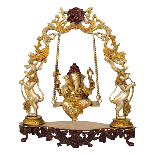 Brassaura™ Jhula Ganesha with Ornate Arch & Twin Horse Pillars | Height 17.9 Inches & Weight 6.75 kgs