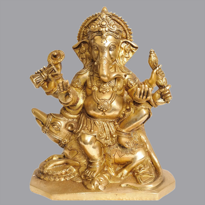 Brassaura® Six-Armed Ganesha Idol Seated on Mushak Raj Base in Brass | Height 8 Inches | Weight 2.60 kgs