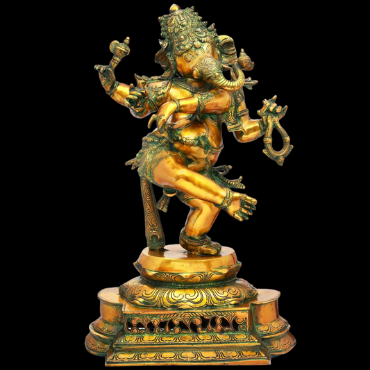 Brassaura® Dancing Ganesha on Ornate Pedestal | Brass Sculpture | Height 25 Inches & Weight 20.70 kgs
