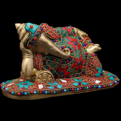 Brassaura™ Brass Ganesha Statue with Inlay Work | Height 4 Inches & Weight 1.64 kgs