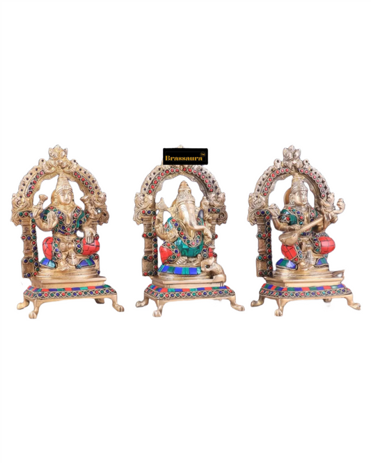 Brassaura® Brass Gem Stone Work Laxmi Ganesha Saraswati Murti – Height 8 Inches | Divine Home & Temple Décor
